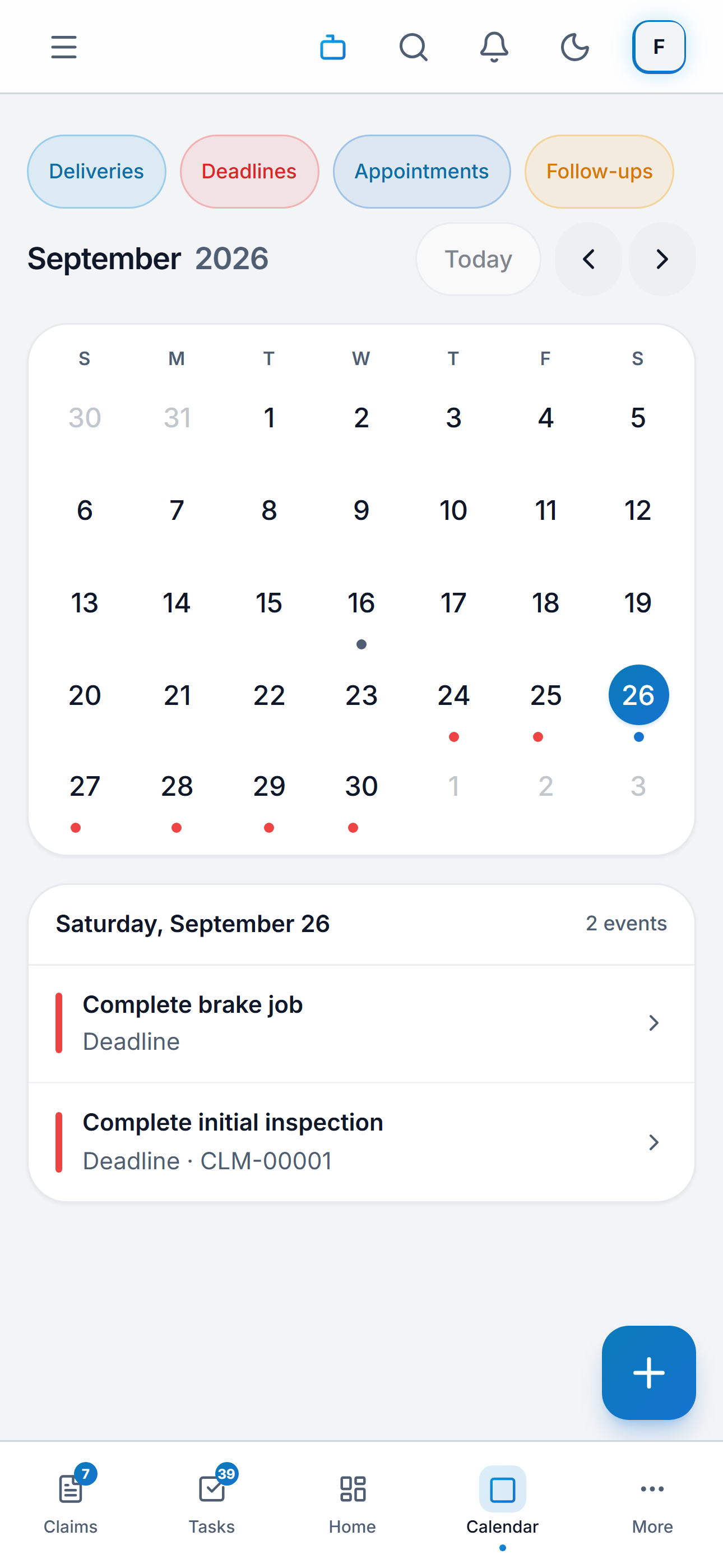 The Claimory calendar on a phone, showing September 2026 as a dotted month grid with Saturday September 26 opened underneath it listing two deadline entries, complete brake job and complete initial inspection on claim CLM-00001