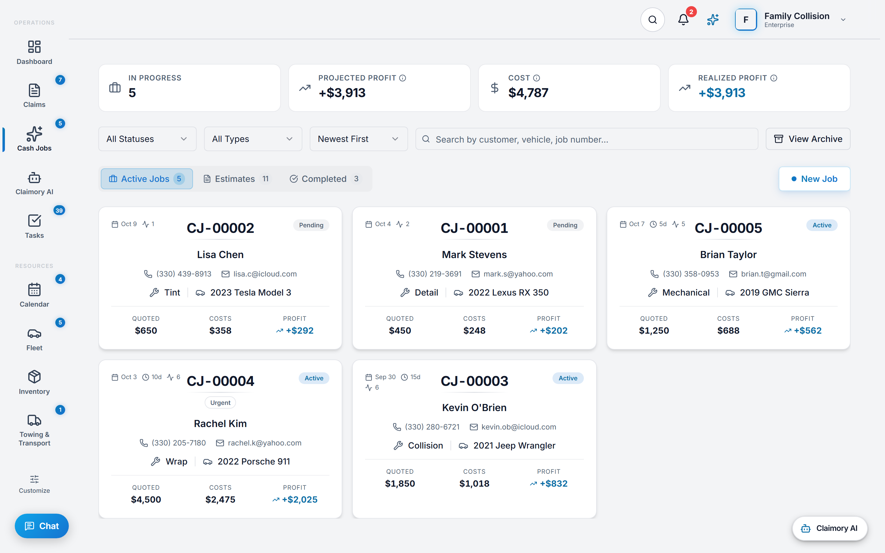 The Claimory cash jobs pipeline for a collision repair shop: five customer pay jobs in progress, ten estimates and three completed, $4,787 of cost against $3,913 of projected profit, and job cards for a 2023 Tesla Model 3 tint quoted at $650 for $292 profit, a 2022 Lexus RX 350 detail quoted at $450 for $202 profit, and a 2019 GMC Sierra mechanical job quoted at $1,250 for $562 profit.