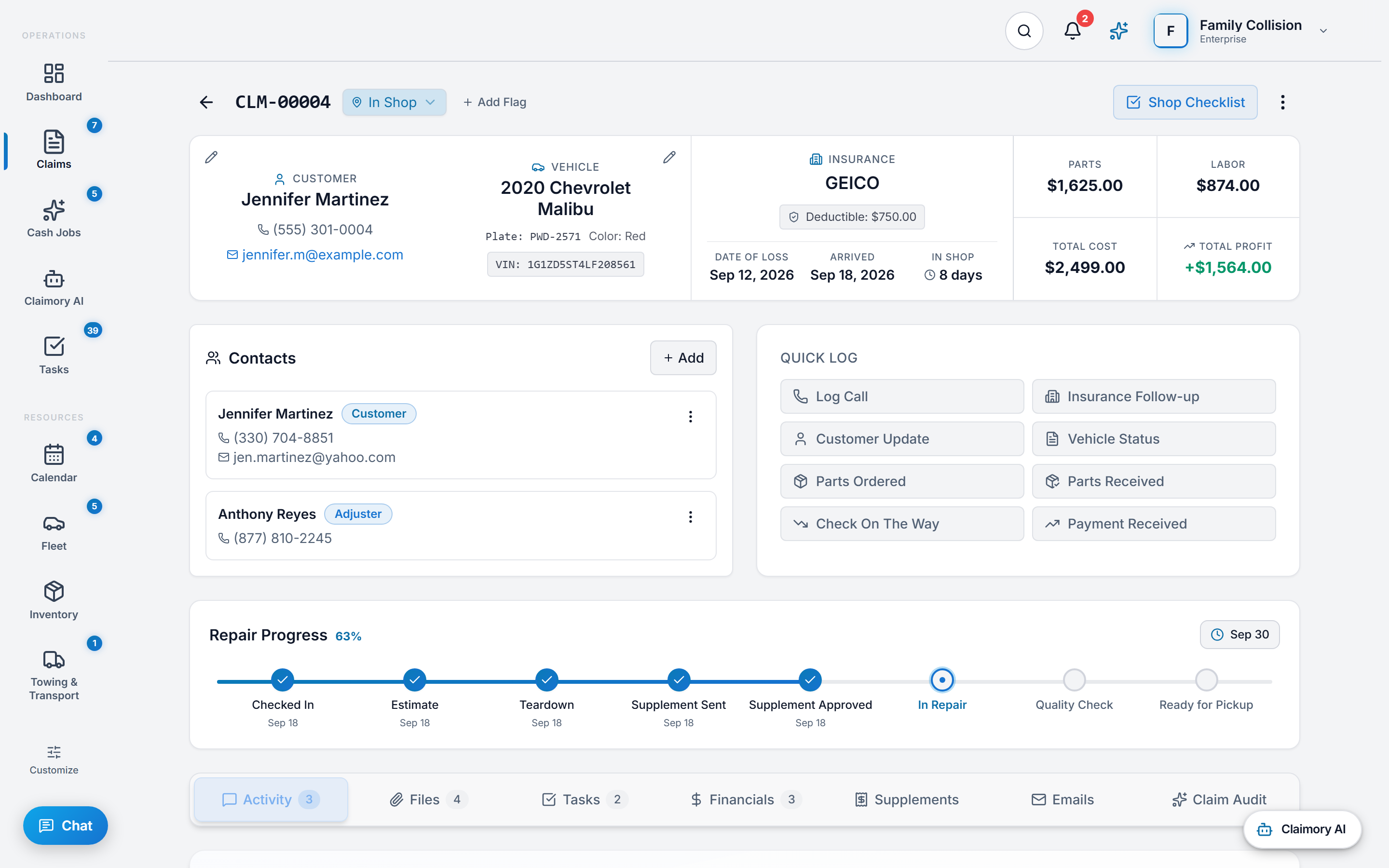 The Activity tab on a Claimory claim record, with an update composer carrying a Polish with AI toggle, a search box, filter chips for all activity, emails, status changes, payments and costs, one pinned supplement note from Carlos Ramirez, and recent activity below it.