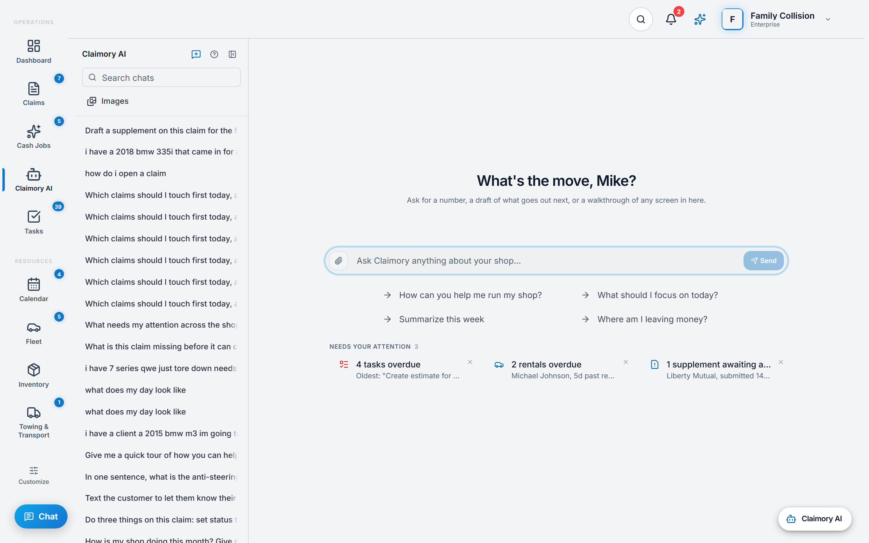 The Claimory AI page inside the app: a searchable chat history on the left, a What's the move greeting above the composer with its attachment button, four suggested questions beneath it, and a Needs Your Attention row flagging overdue tasks, overdue loaner rentals and a supplement waiting on Liberty Mutual.