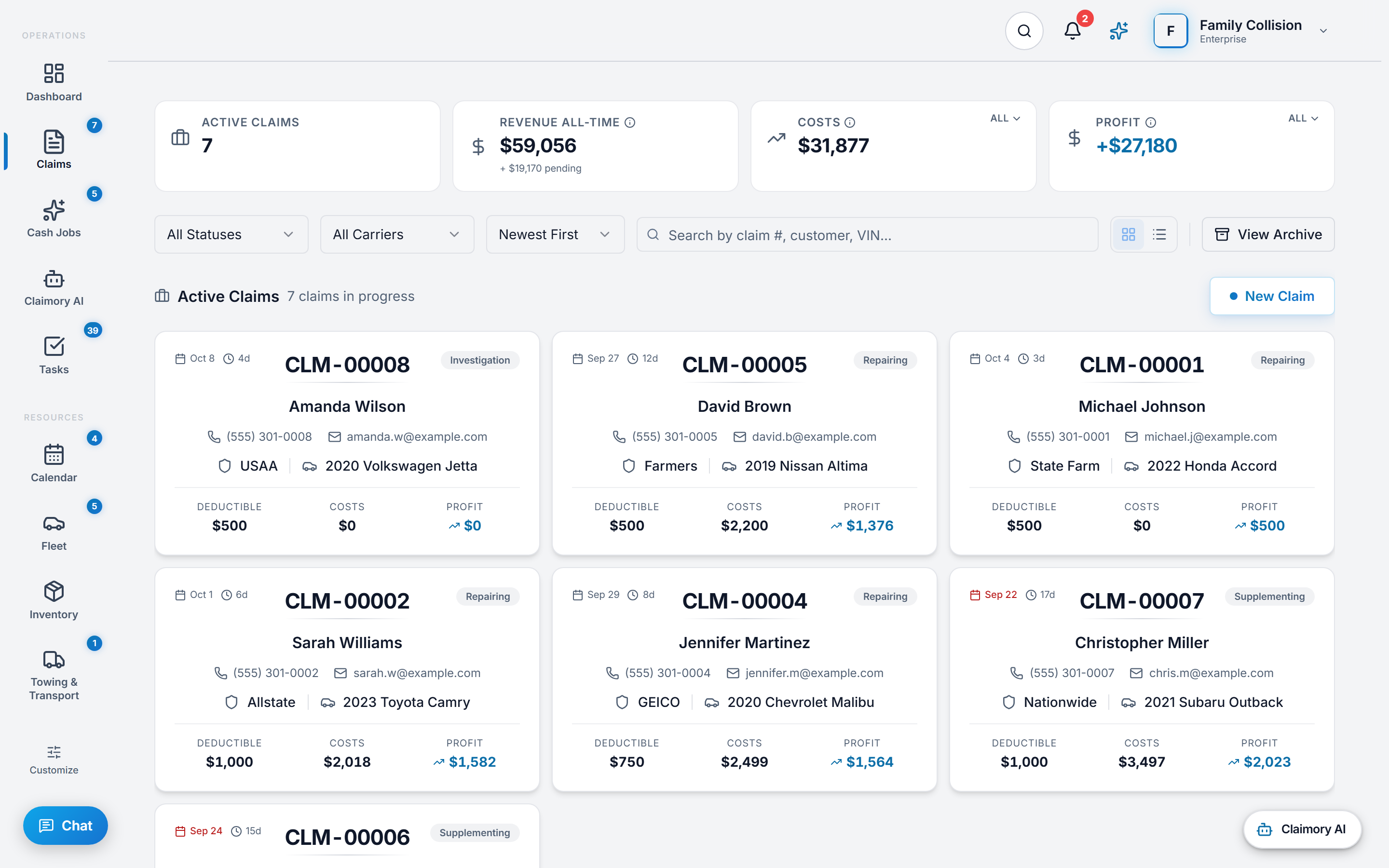 The Claimory claims list, showing active claim, revenue, cost and profit totals above a grid of claim cards carrying carrier, status, customer, vehicle, deductible, cost, profit and days in shop.