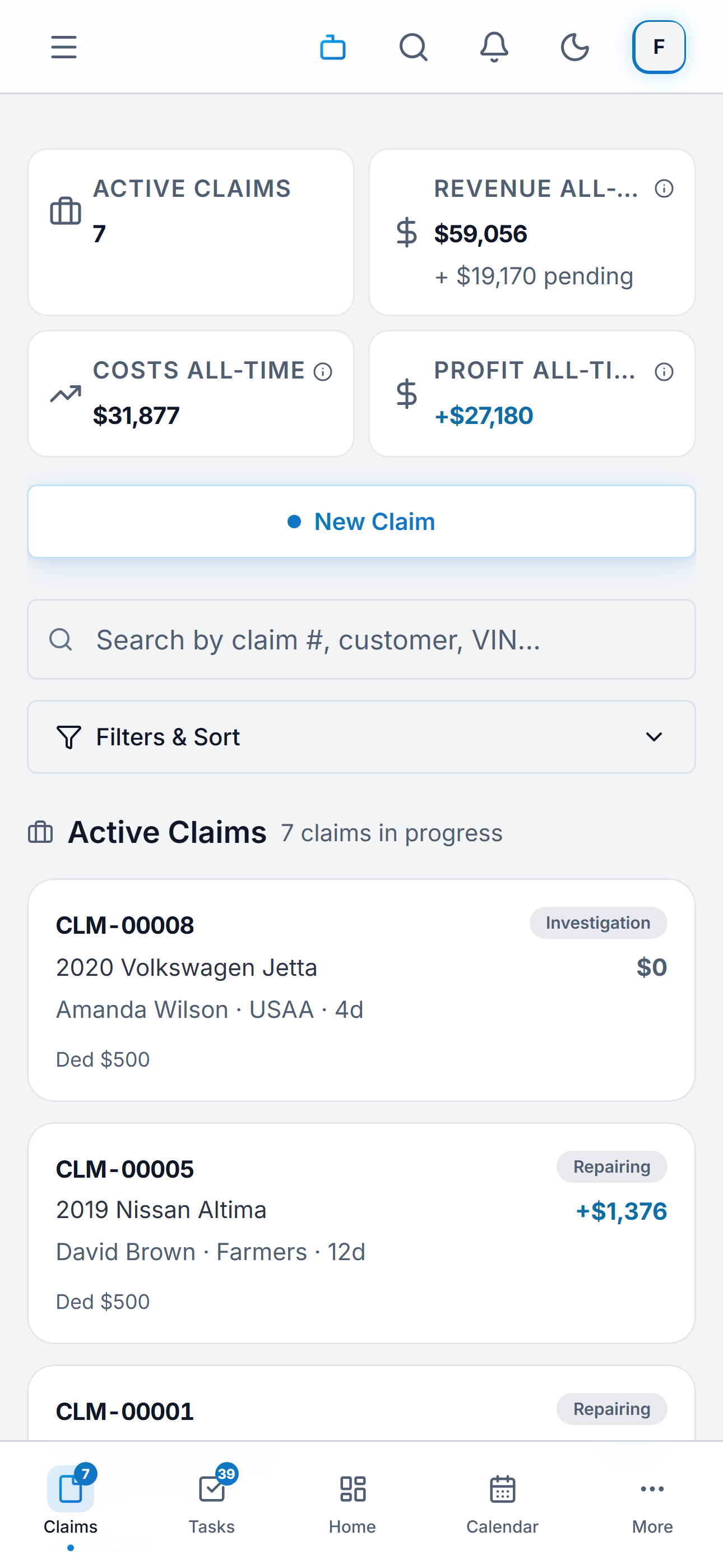 The Claimory claims list on a phone, with tiles for active claims and all-time revenue, costs and profit, a New Claim button, search and filters, and claim cards each showing the claim number, the vehicle, the customer, the carrier, days in shop, the deductible and a status such as Investigation or Repairing