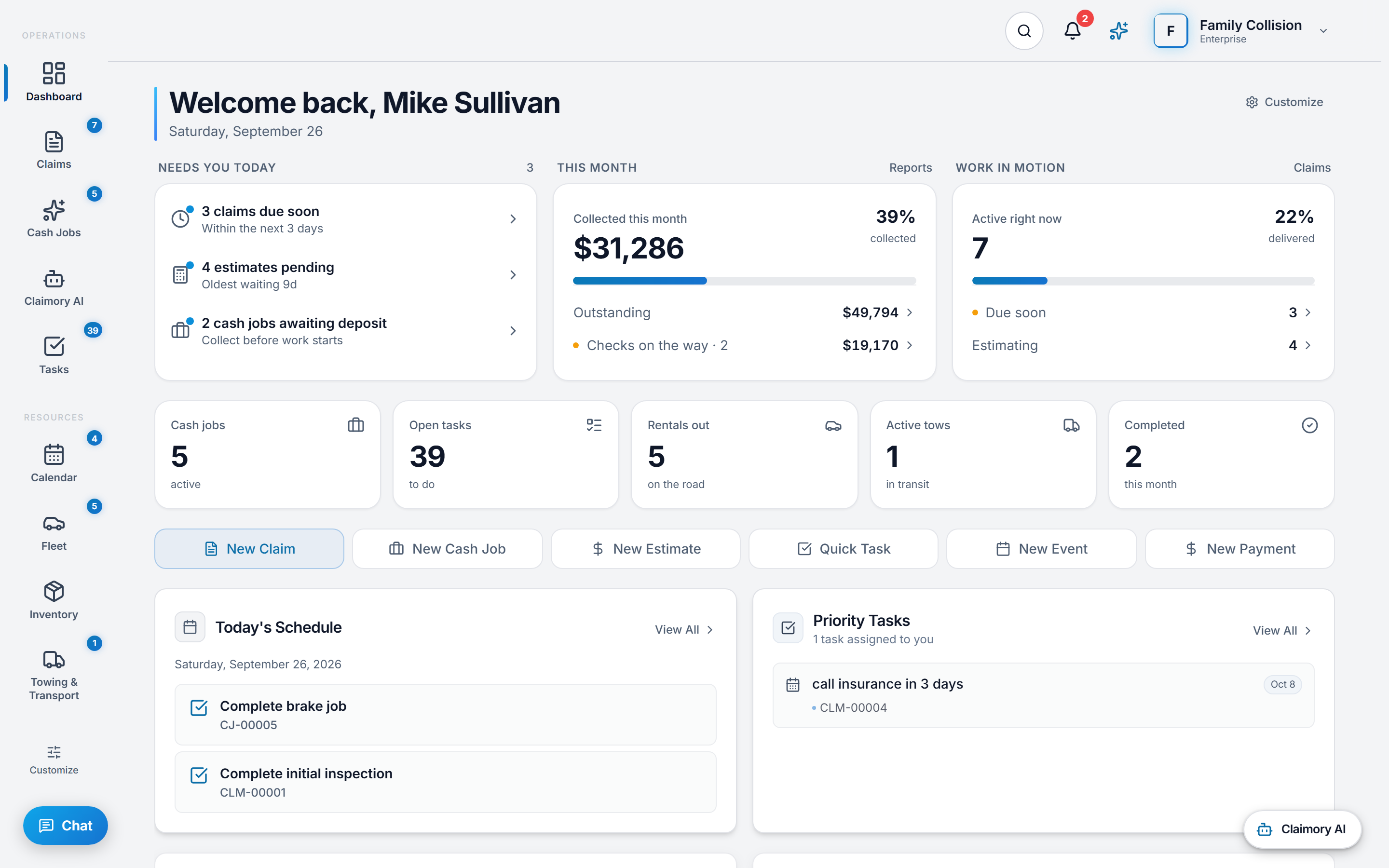Claimory dashboard with claims, financials, and tasks