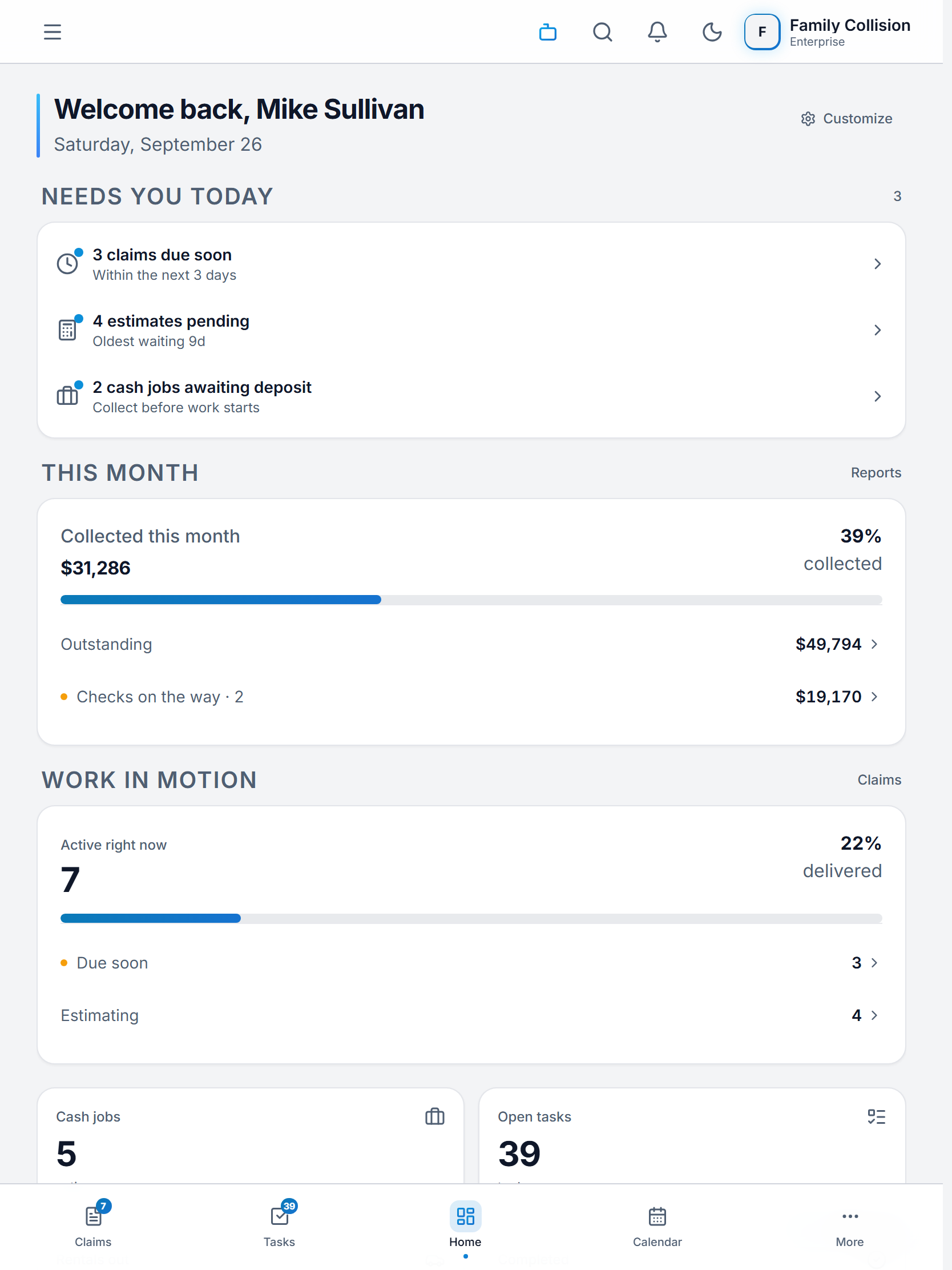 Claimory dashboard with claims, financials, and tasks