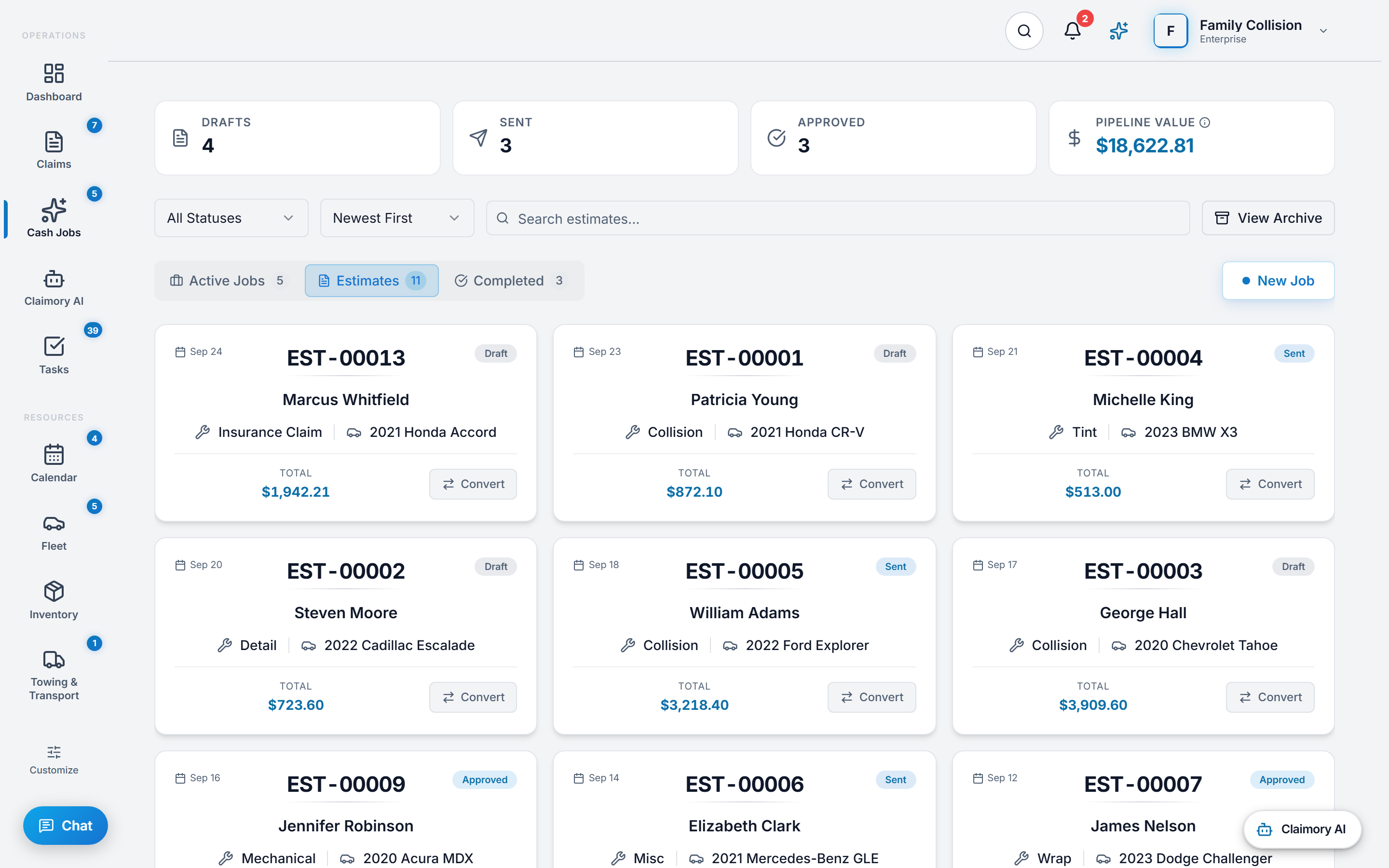 The Claimory Estimates list on the cash jobs screen, with Drafts, Sent, Approved and Pipeline Value tiles across the top, a status filter, a sort order, a search box and a New Job button, and estimate cards each carrying the estimate number, the date, a Draft, Sent or Approved badge, the customer, the job type, the vehicle, the total and a Convert button.