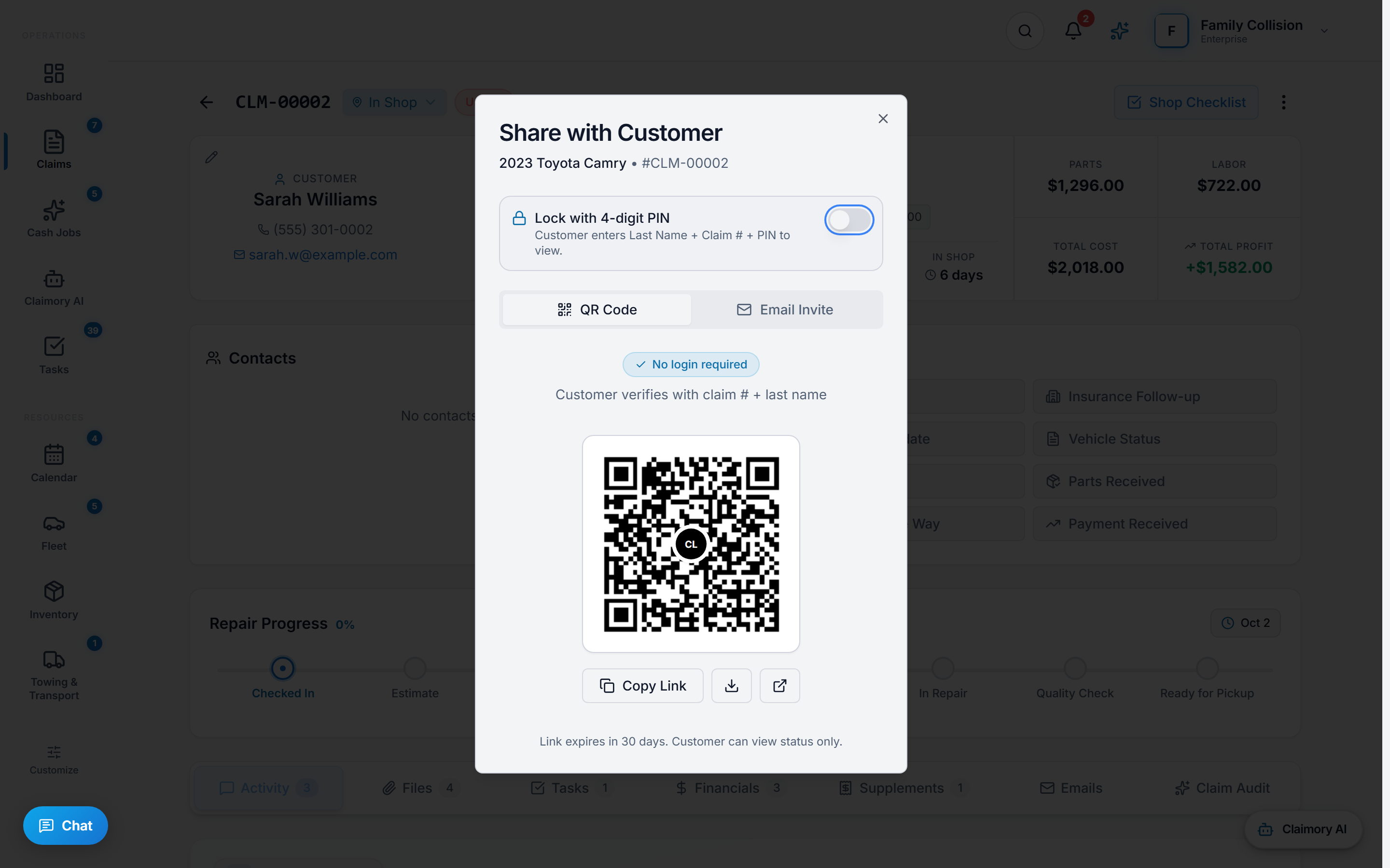 The Claimory Share with Customer dialog for a 2020 Chevrolet Malibu, with a switch to lock the link with a four-digit PIN, QR Code and Email Invite tabs, and a No login required note saying the customer verifies with claim number and last name.