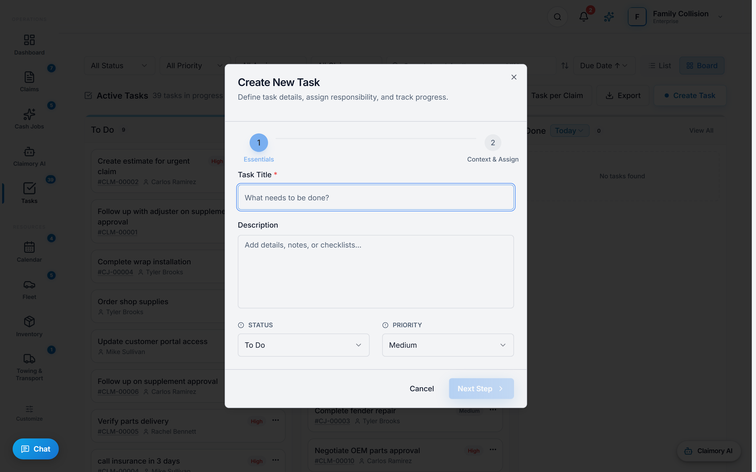 The Create New Task dialog in Claimory, on step one of two labeled Essentials, showing fields for task title and description with status set to To Do and priority set to Medium, and a Next Step button leading to Context and Assign.