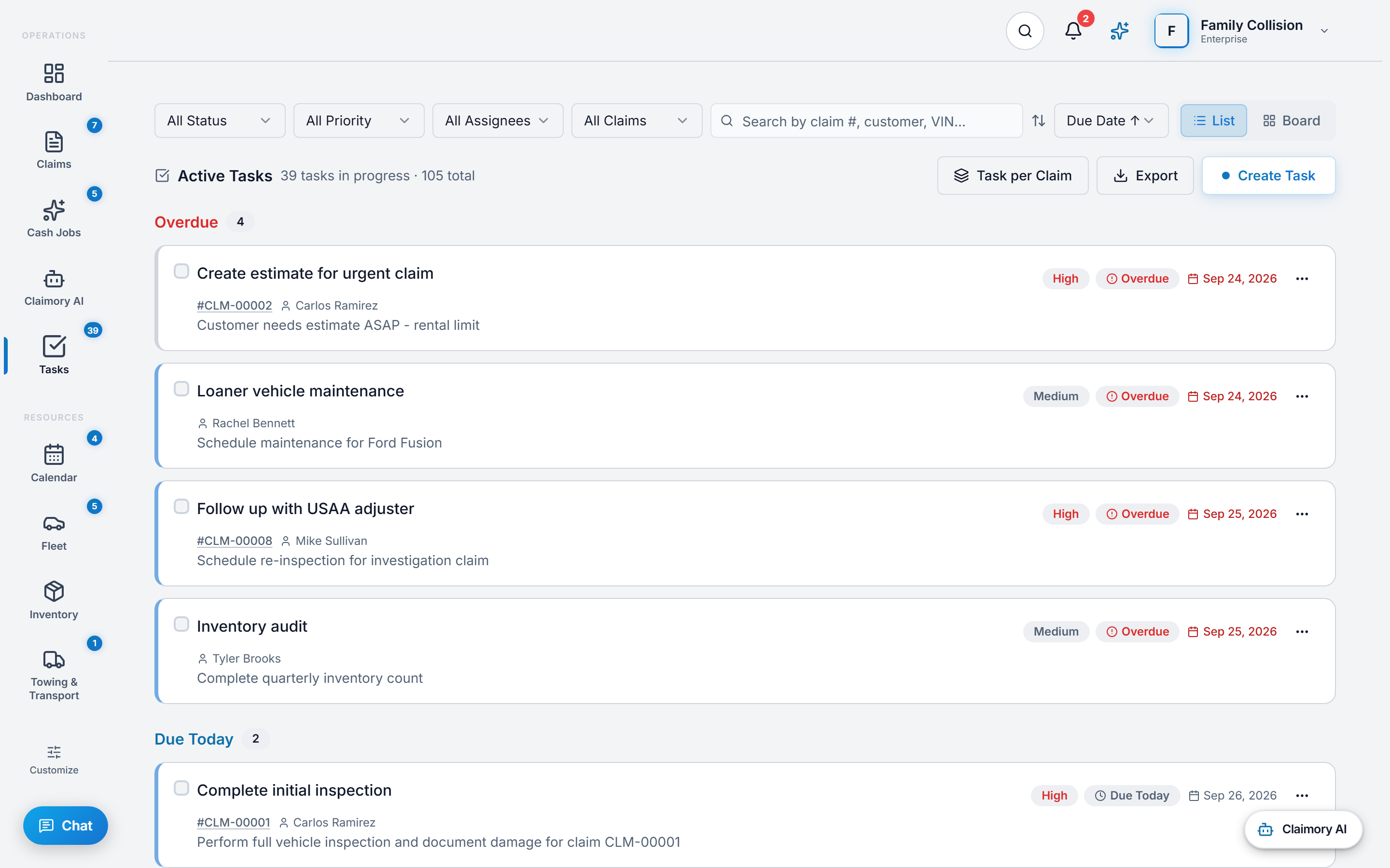 The Claimory task list view grouped by when work is due, with an Overdue heading and its task count above rows that each show a checkbox, the task title, its claim number, the assignee, a one-line description, a priority, an overdue chip and the due date.