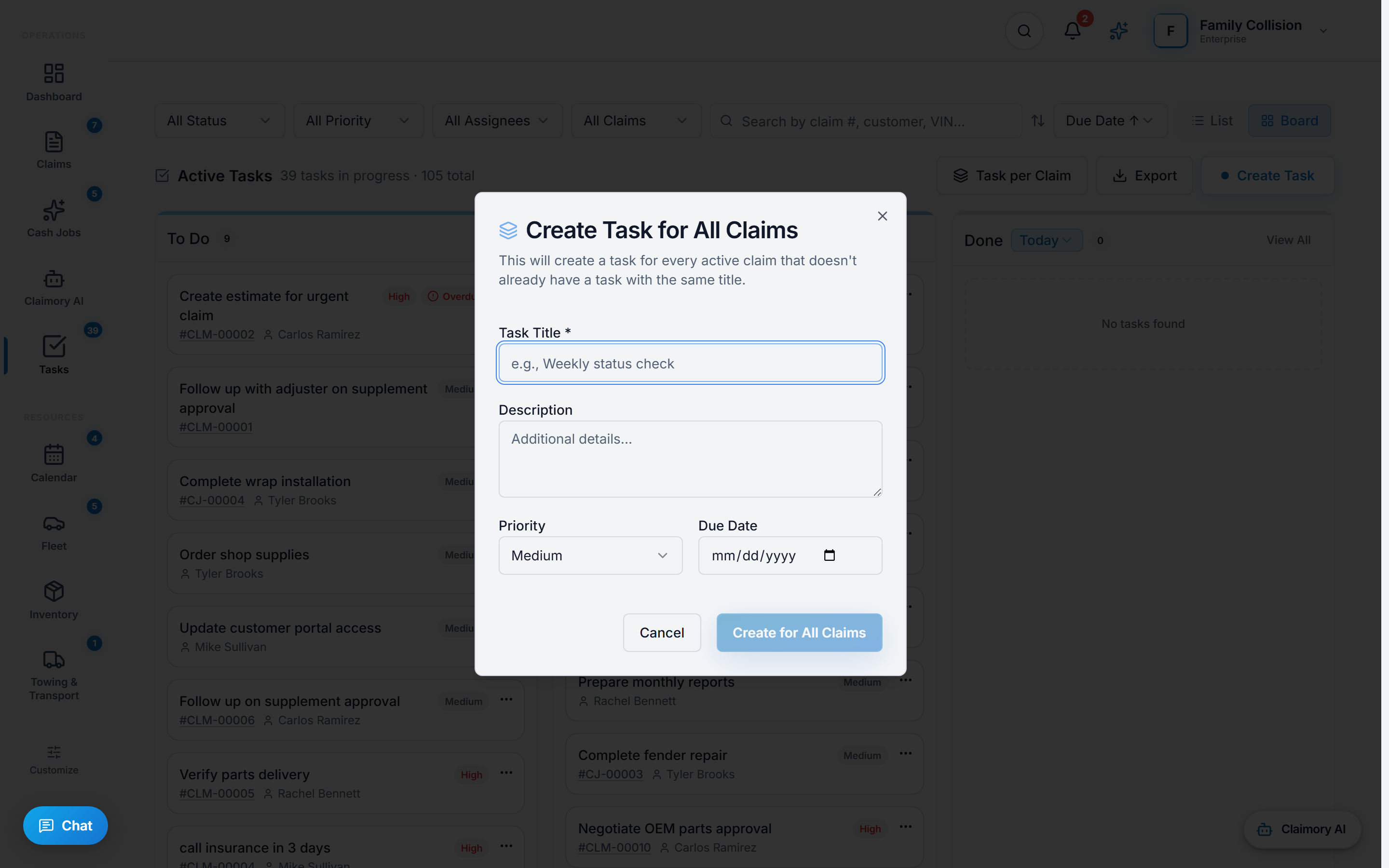 The Create Task for All Claims dialog in Claimory, which states that it will create a task for every active claim that does not already have a task with the same title, above fields for task title, description, priority and due date.
