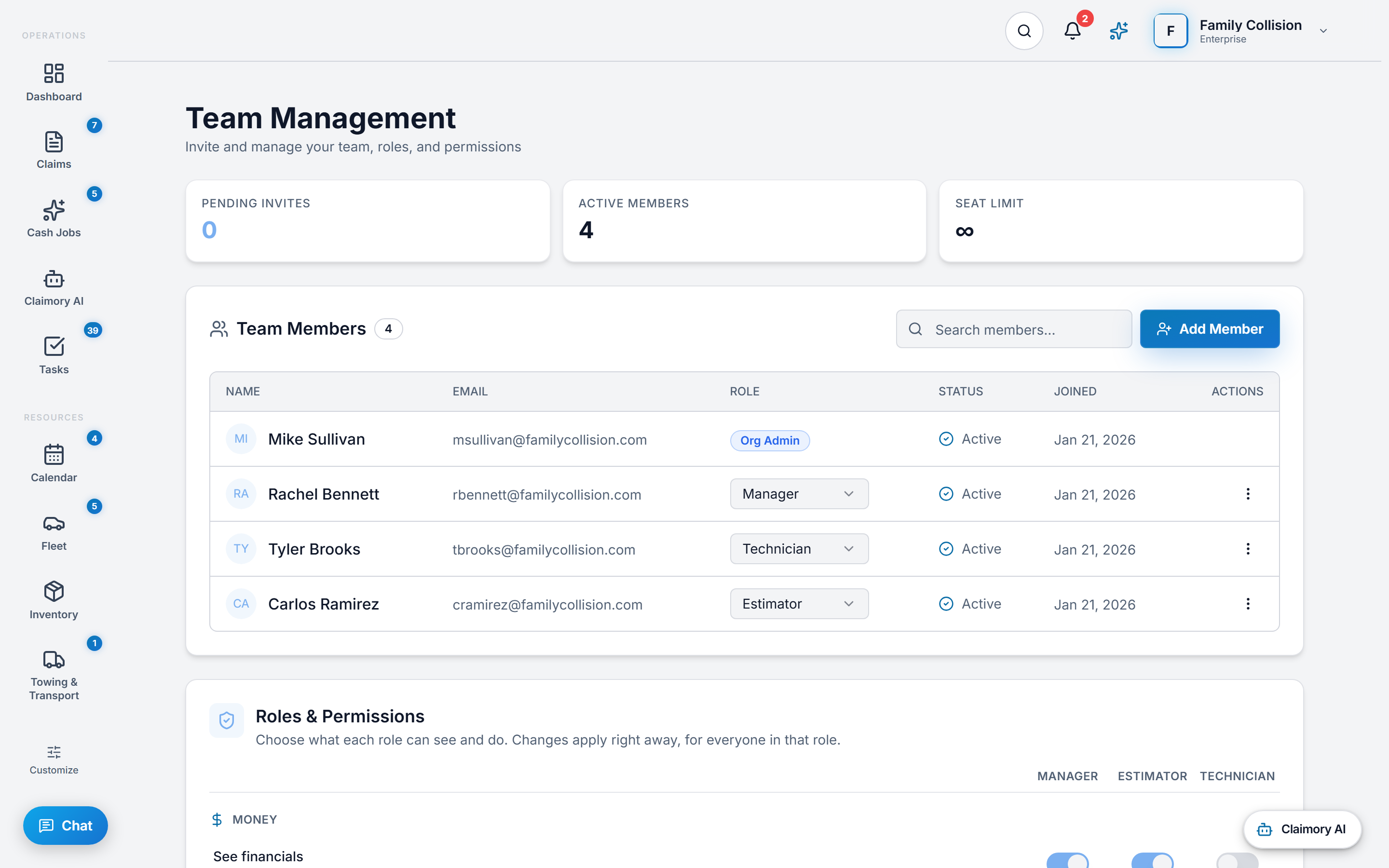 The Team screen in Claimory for a collision repair shop, listing each member with their name, email and role, alongside pending invitations and the controls to invite a member, share an invite link, change a role or remove someone.