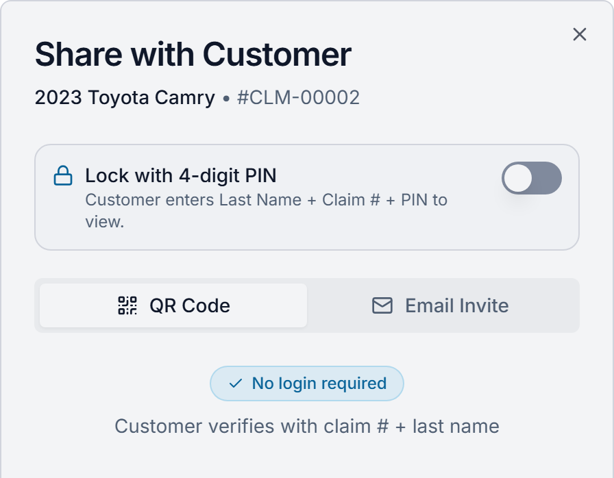 The Share with Customer dialog in Claimory for claim CLM-00002, a 2023 Toyota Camry, with an optional 4-digit PIN lock, QR code and email invite options, and no login required because the customer verifies with the claim number and last name.