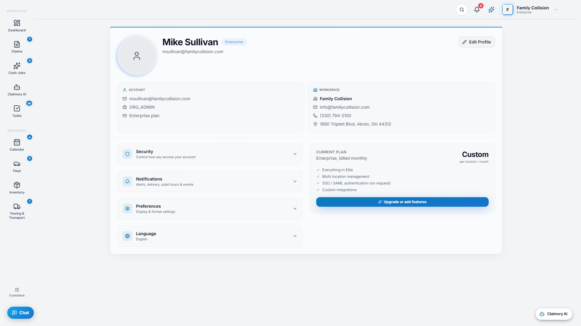 The Account screen in Claimory with profile, security, and notification settings.