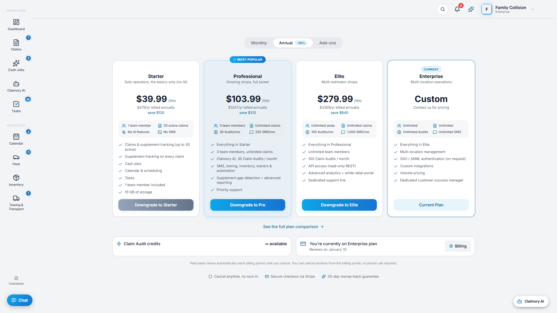The Billing and plans screen in Claimory with the Starter, Professional, Elite, and Enterprise tiers.