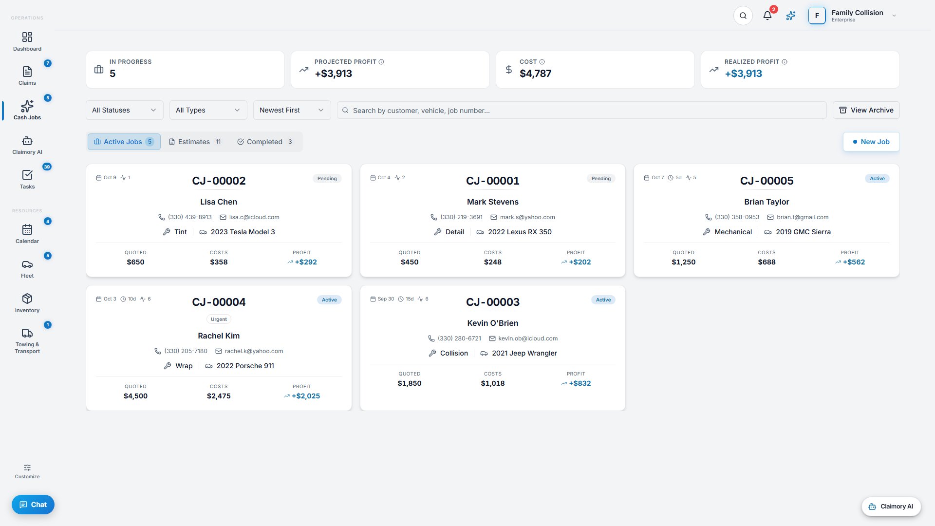 The Claimory cash jobs screen with active jobs, estimates, and profit KPIs