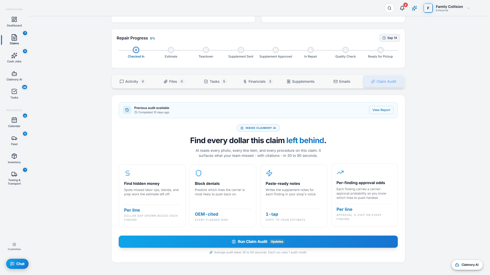 The Claim Audit tab offering an AI review to surface missed money and weak spots.