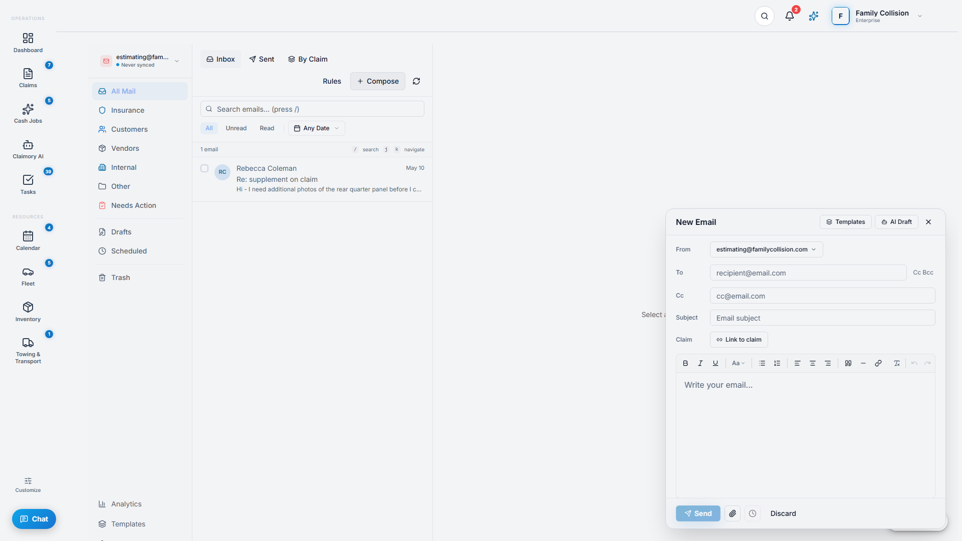 The email composer in Claimory with Templates and AI Draft options.
