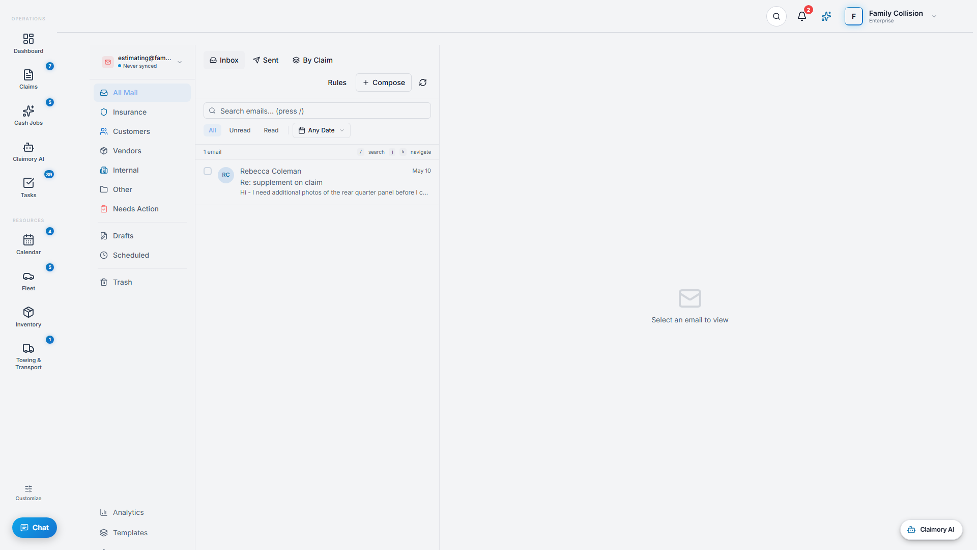 The Claimory Email Hub with smart folders and a message thread