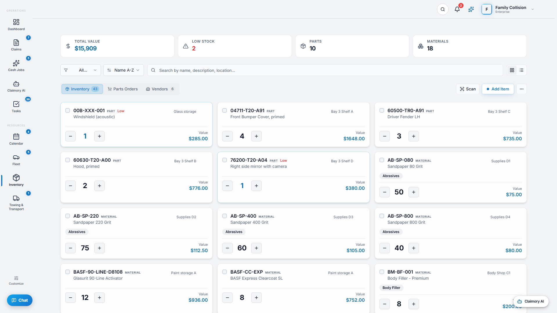 The Inventory dashboard in Claimory tracking parts, materials, vendors, and orders.