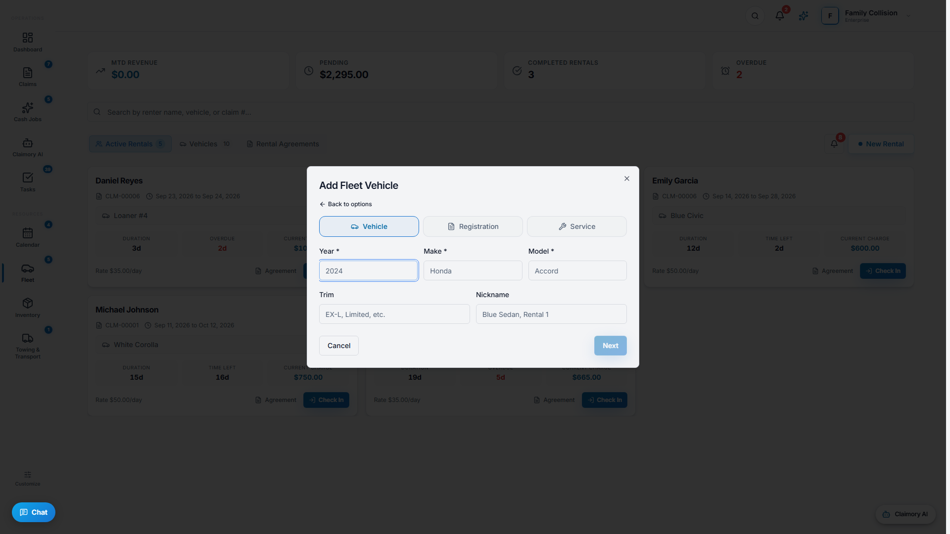 The Add Fleet Vehicle dialog in Claimory, putting a loaner car onto the shop's fleet by year, make, model and nickname, ahead of its registration and service details.