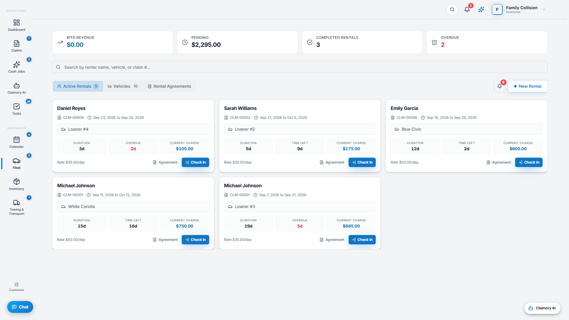 The Claimory fleet screen, tracking loaner vehicles, which customer has each one and when it is due back.