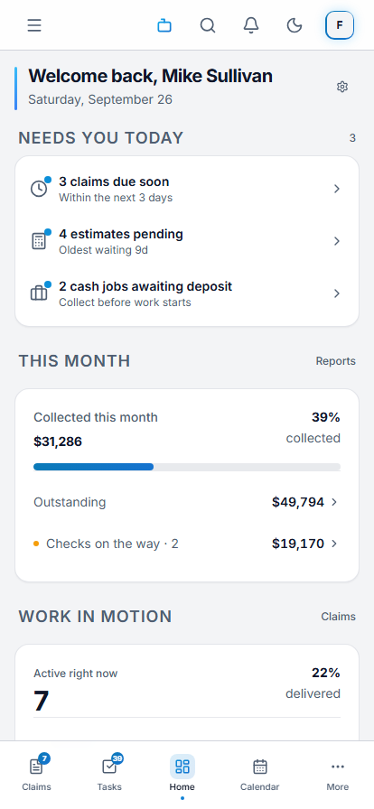 Claimory on a phone with the bottom navigation bar: Home, Claims, Tasks, Calendar, and More.