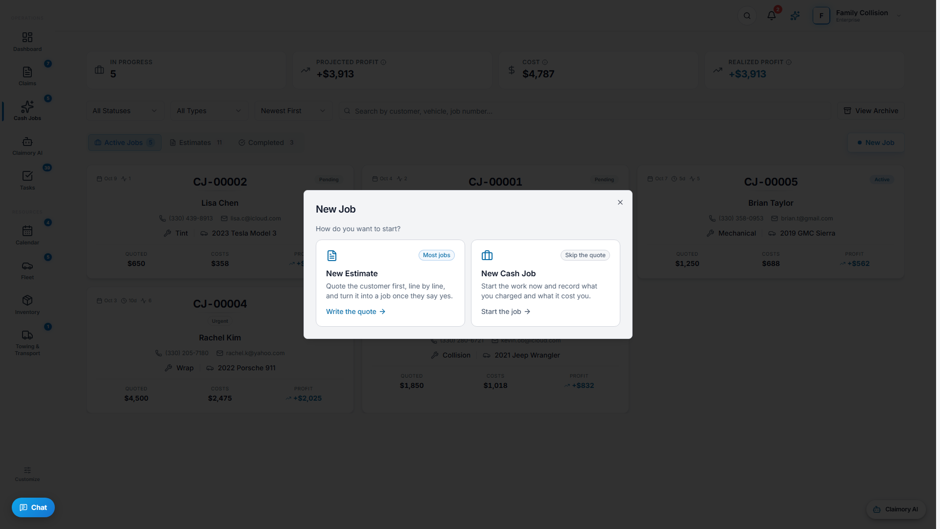 The Create New menu on Cash Jobs, choosing between a new estimate and a new cash job.