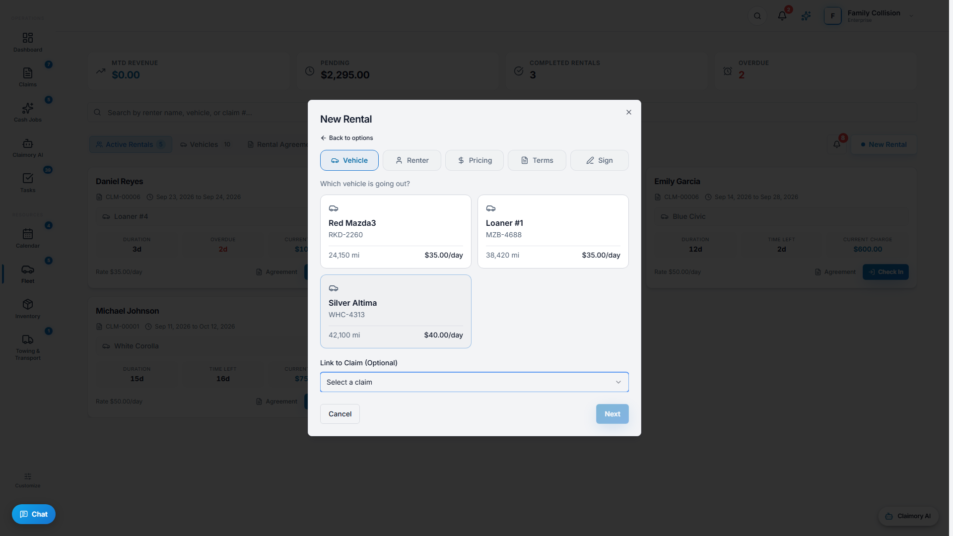 The New Rental wizard with steps for vehicle, renter info, dates and pricing, and agreement signing.