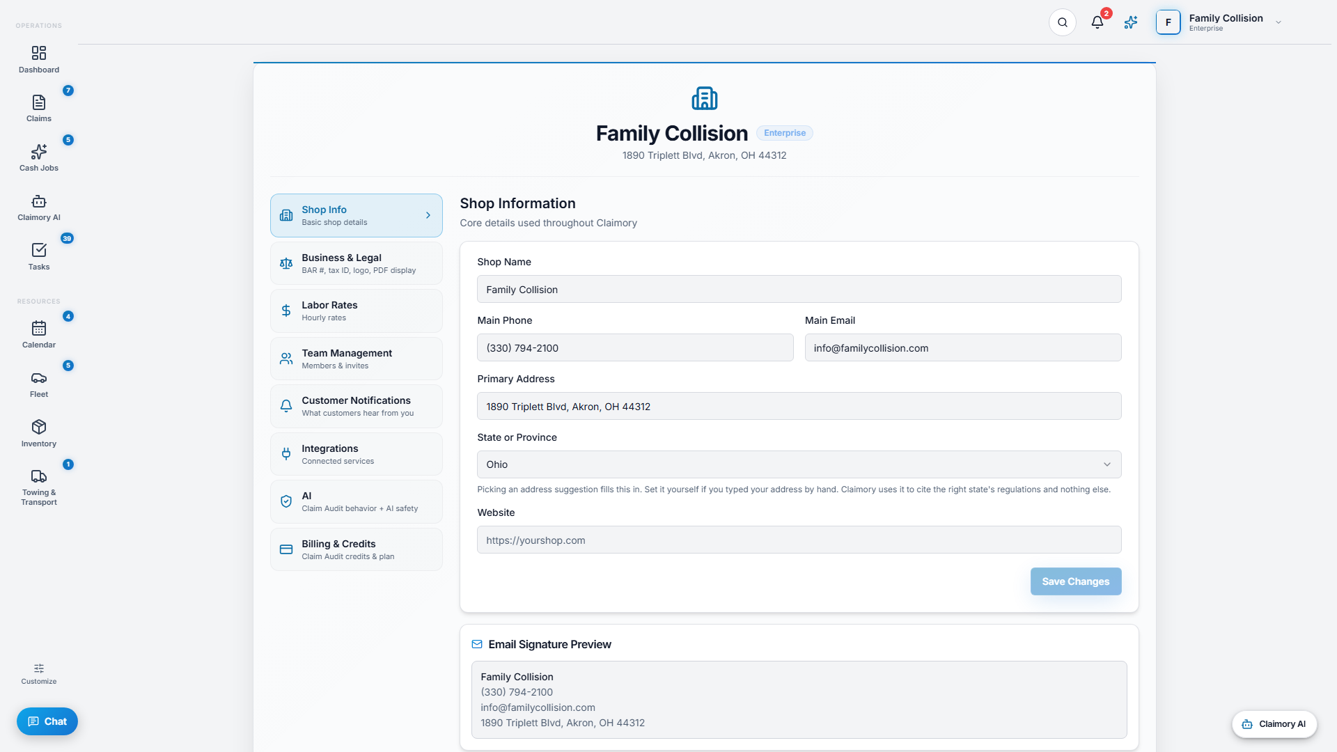 Workspace Settings in Claimory with the Shop Info form and settings sidebar.