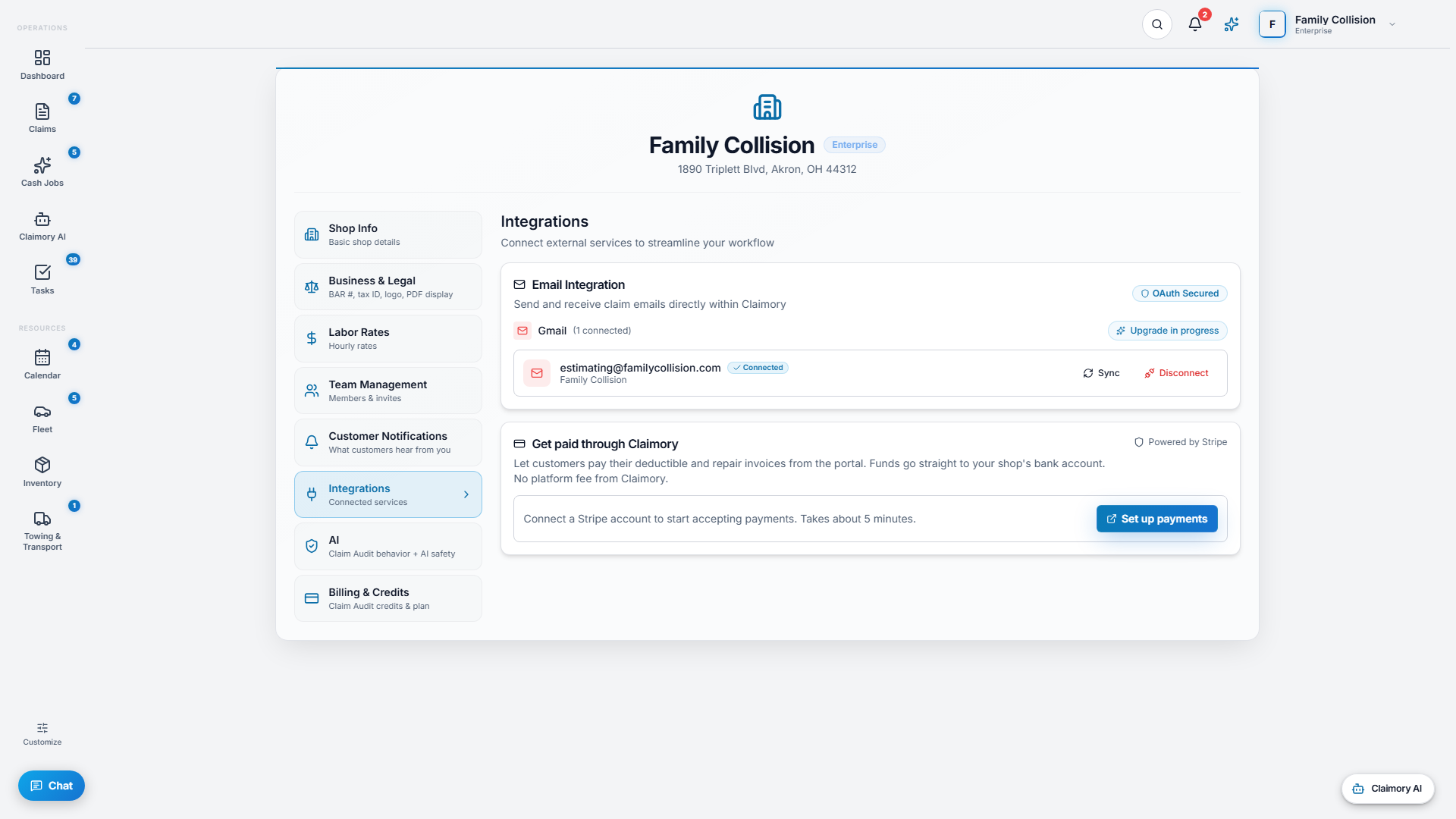 The Integrations settings in Claimory, connecting the shop's email and payment accounts.
