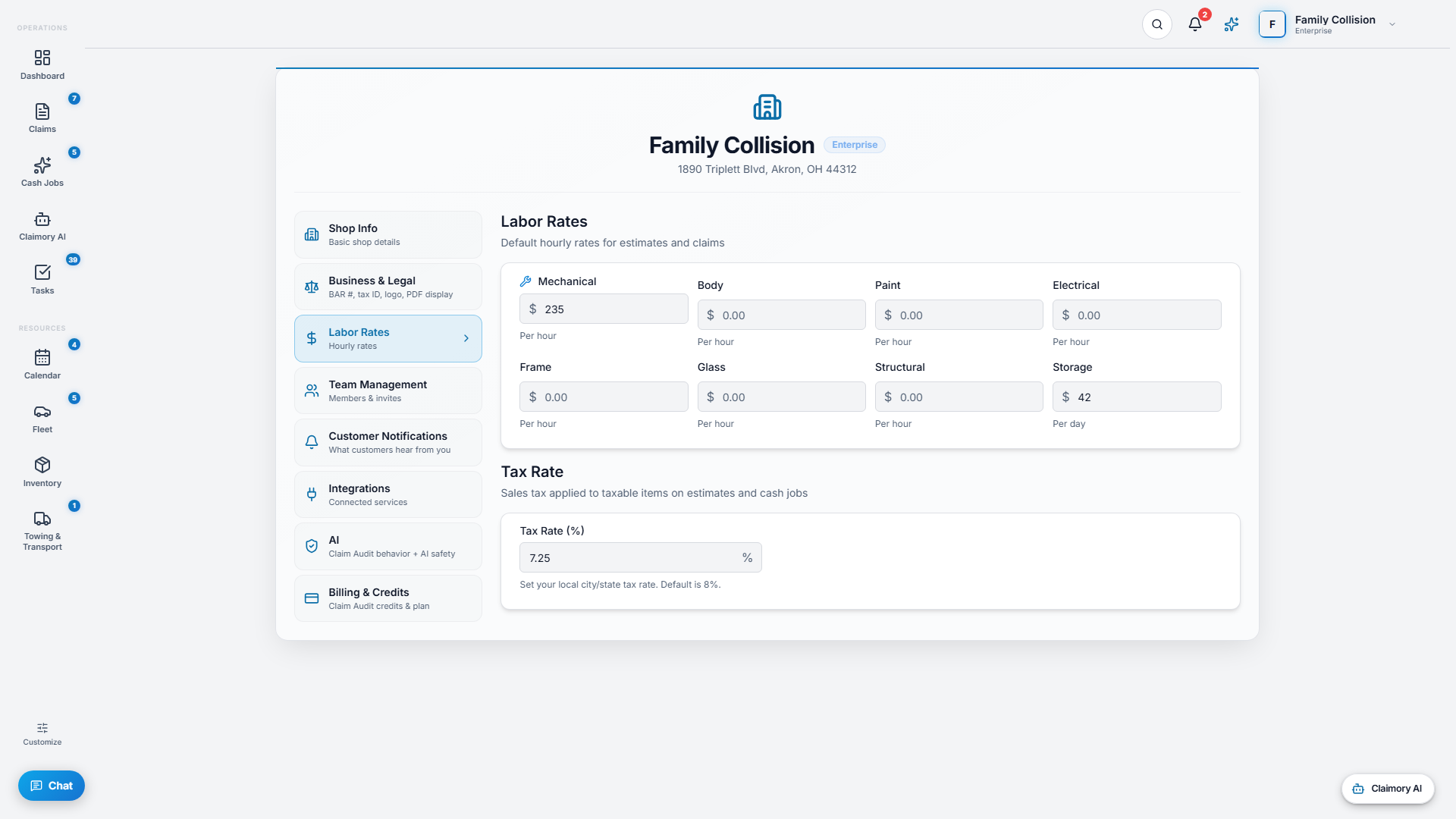The Labor Rates and Tax settings with hourly rates and sales tax.