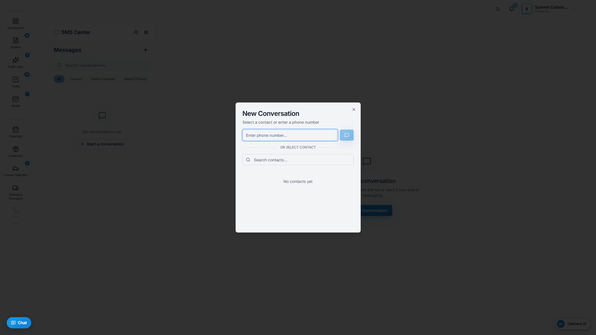 The New Conversation dialog in the SMS Center for texting a customer.