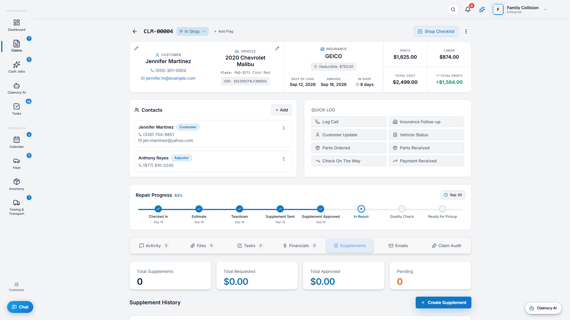 Claimory supplement tracking with the supplement timeline and estimate versus actuals.