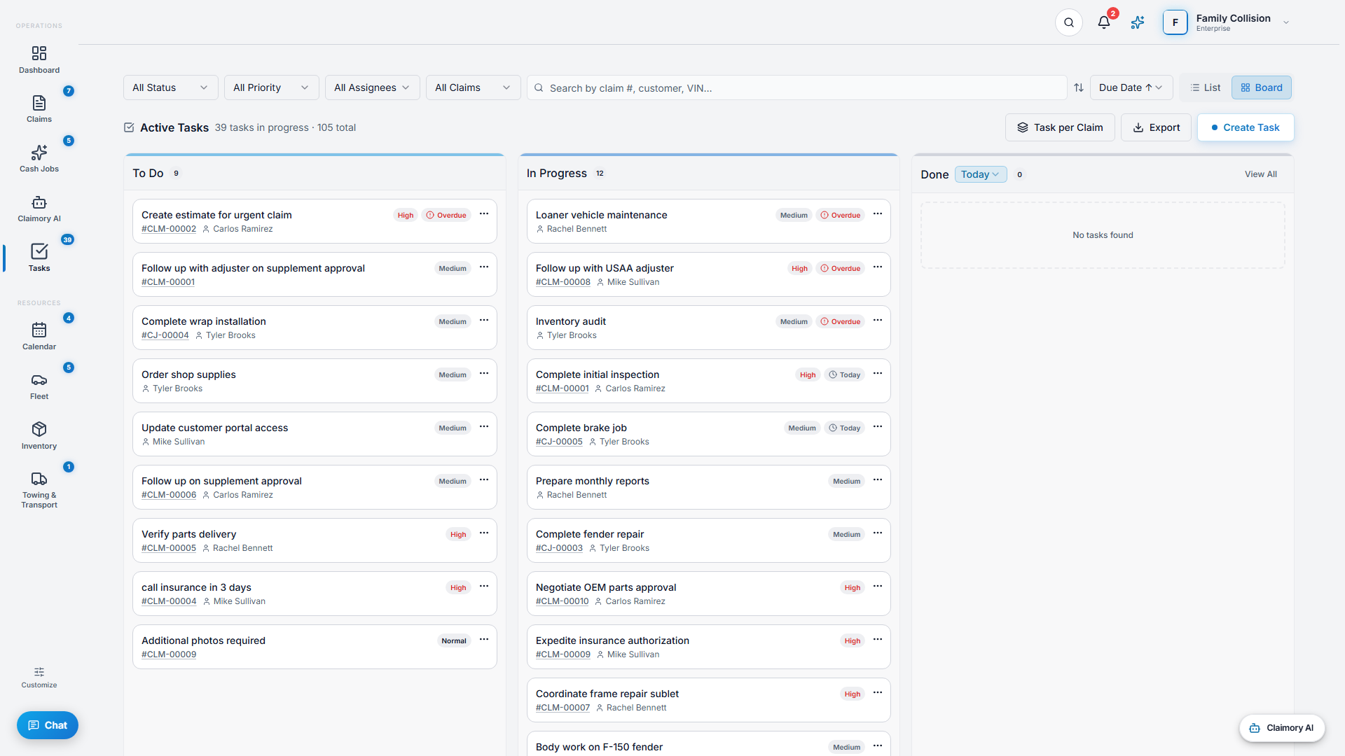 The Tasks board in Claimory with To Do, In Progress, Waiting, and Done columns.