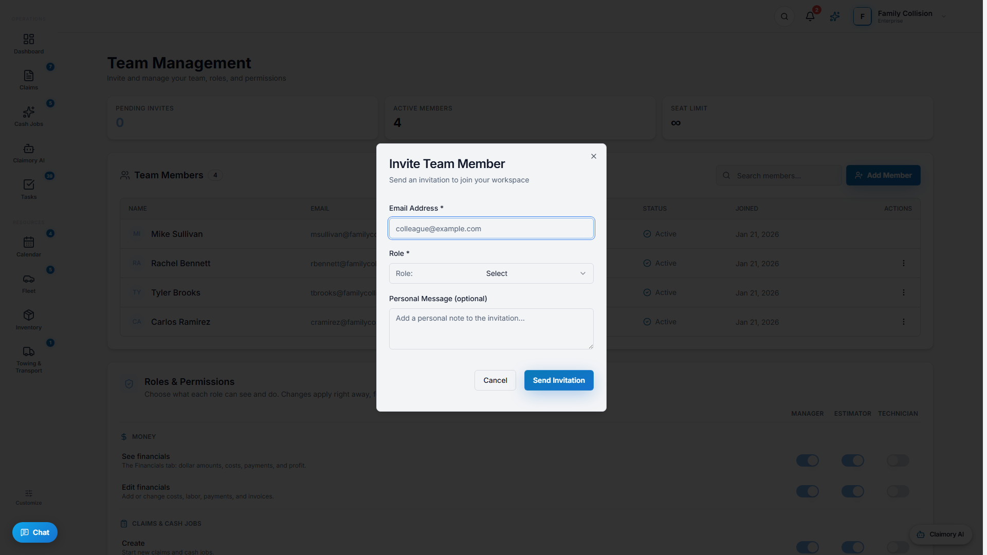 The Add Member dialog for inviting a teammate and choosing their role.