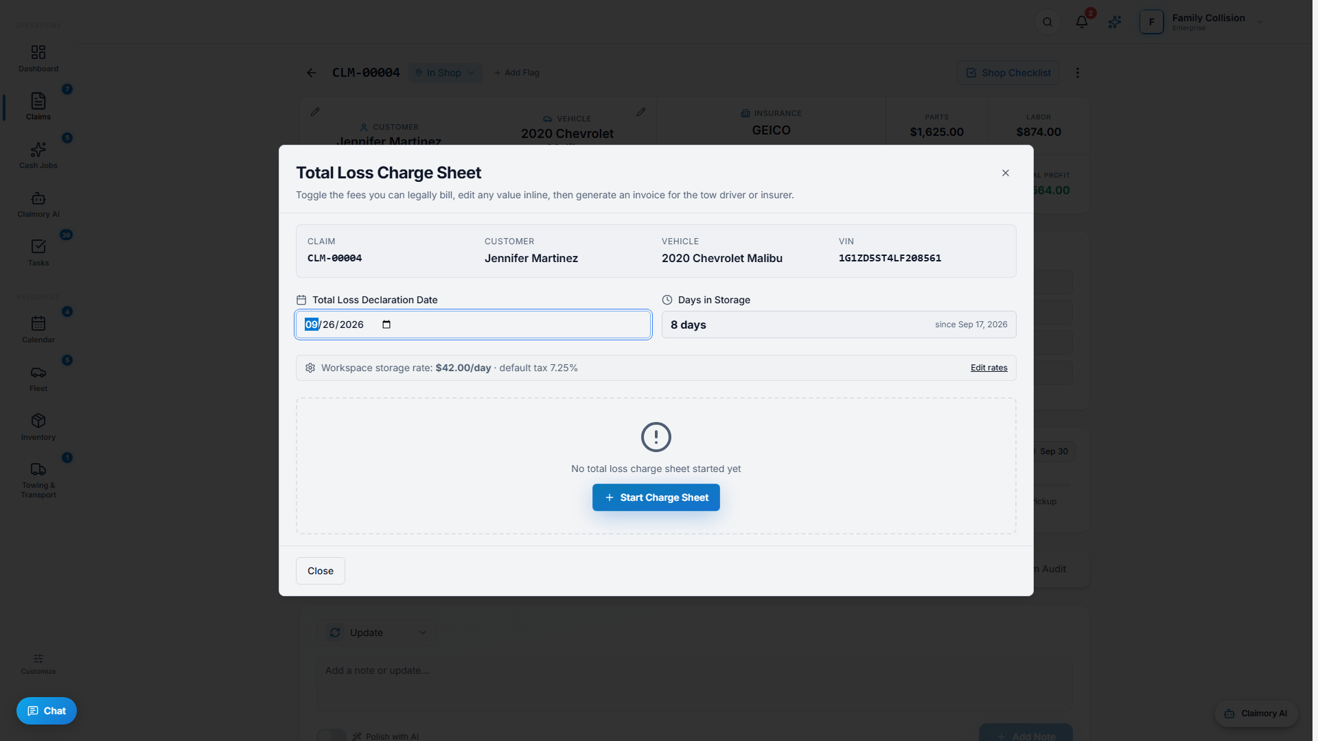 The Total Loss Charge Sheet builder with claim, vehicle, and storage details.