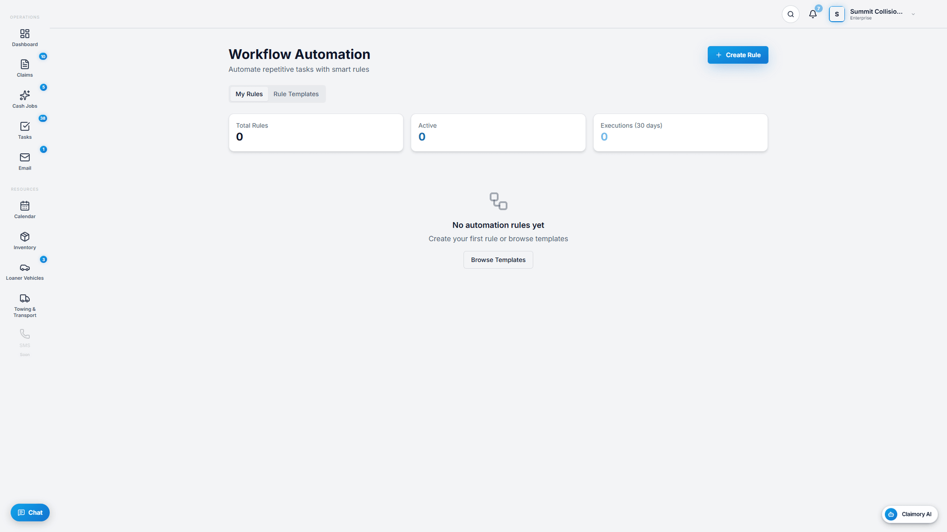 Workflow automation rules in Claimory with when, if, and then conditions.